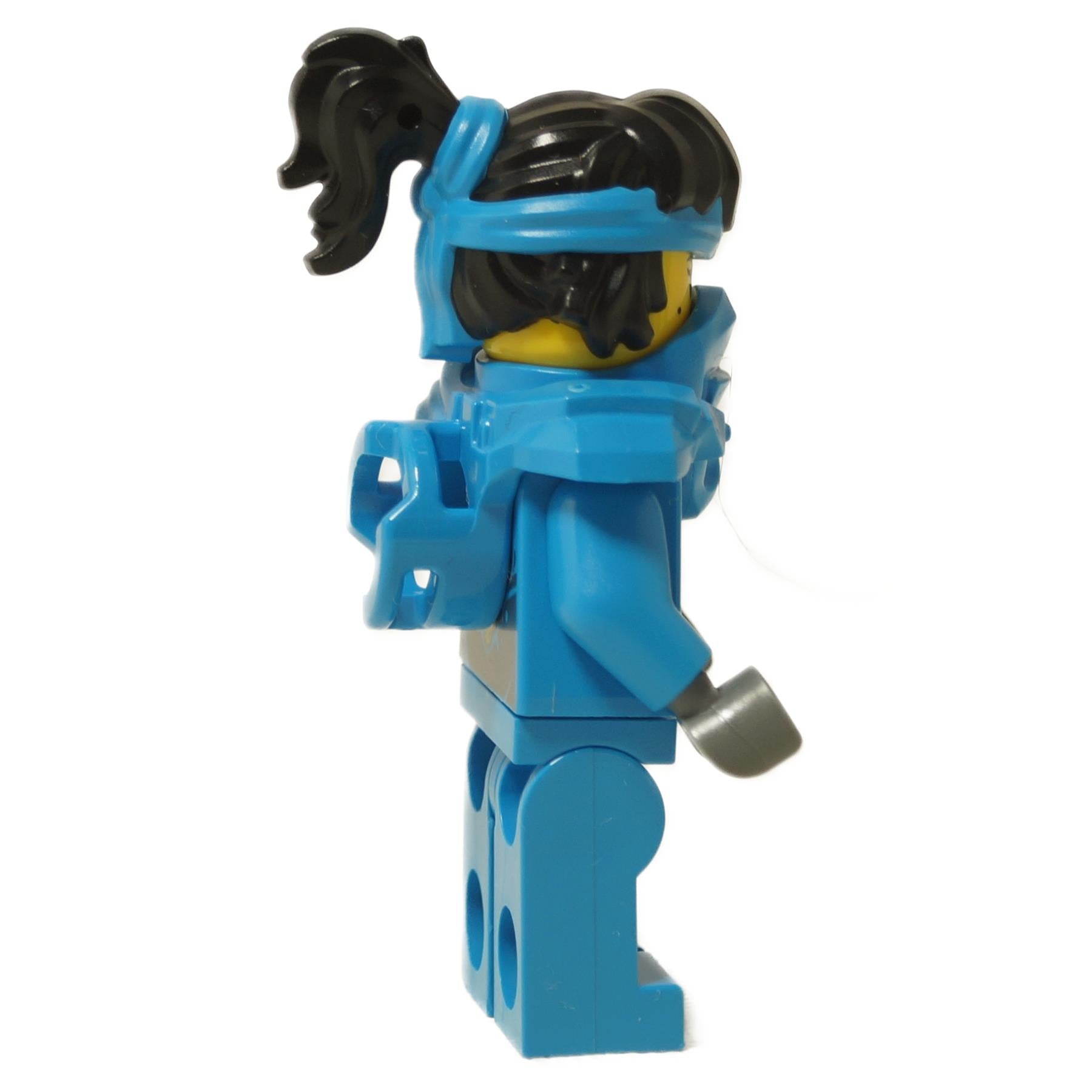 Side view of the LEGO Ninjago Nya - Dragons Rising minifigure (njo0881), showing the bright blue suit, the layered blue mask/neck piece, and a blue specialized backpack or armor accessory attached to her back.