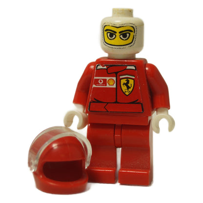 LEGO® Racers Ferrari F1 driver minifigure (rac024as) front view, showing red racing suit with sponsor logos and helmet off.