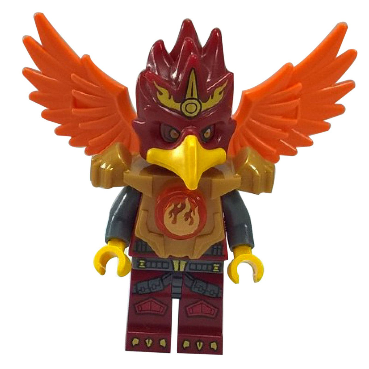 LEGO® Minifigurka Foltrax z Legends of Chima s brněním s potiskem červených plamenů, helmou fénixe a oranžovými křídly.