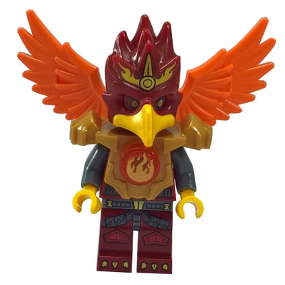 LEGO® Minifigurka Foltrax z Legends of Chima s brněním s potiskem červených plamenů, helmou fénixe a oranžovými křídly.