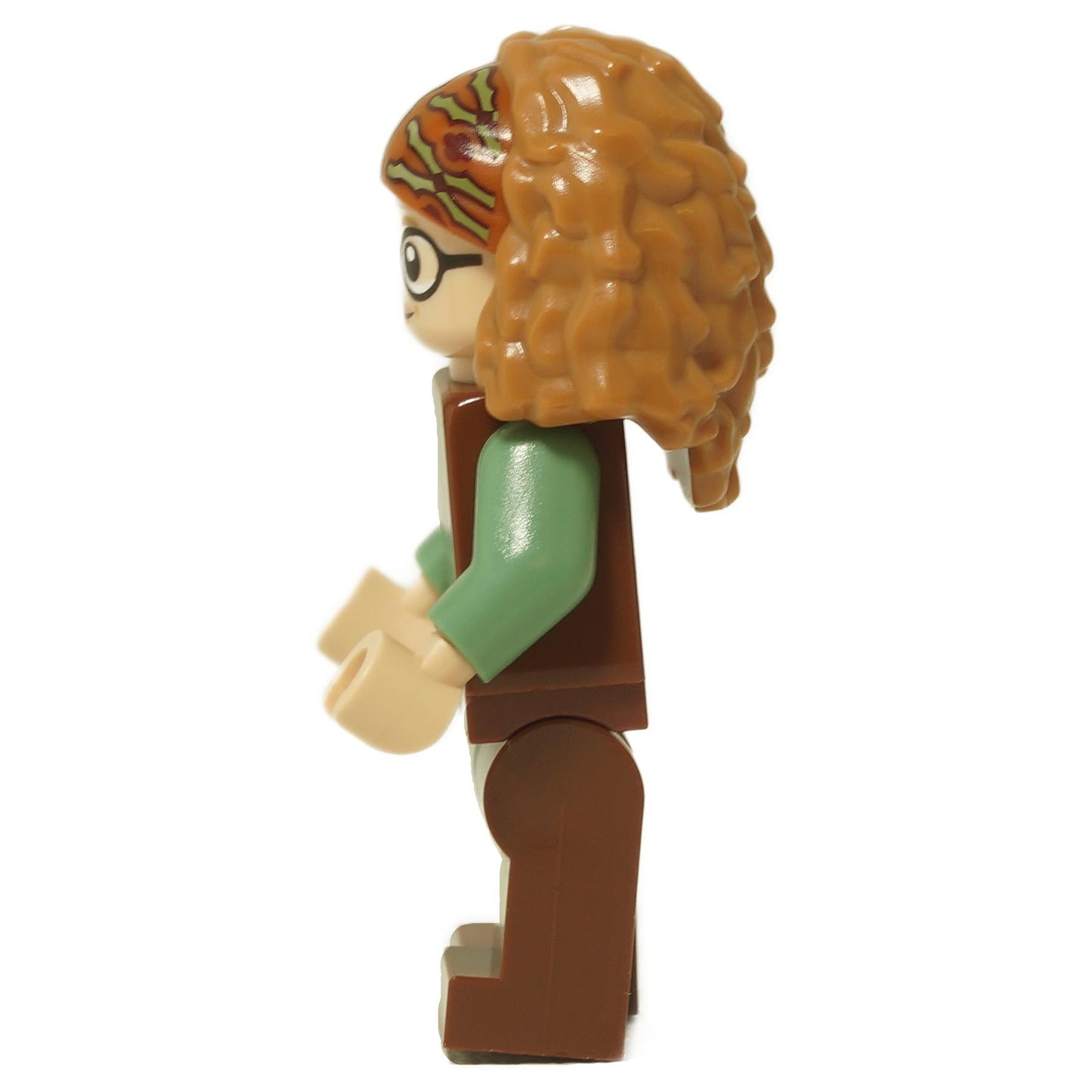 LEGO® Professor Sybill Trelawney Minifigure from Harry Potter™, showing her two facial expressions: one neutral and one in a trance. Side view.
