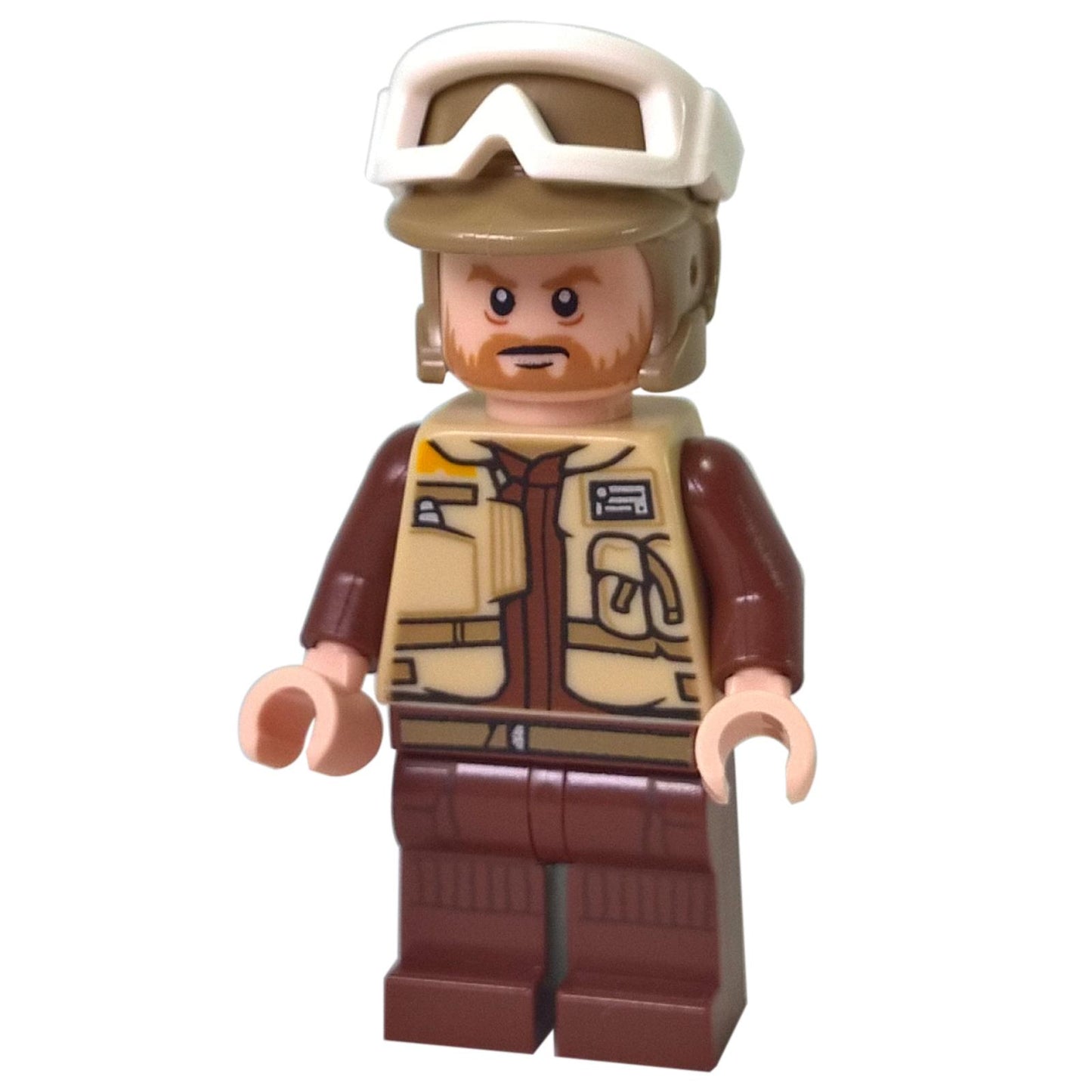Front view of LEGO Rebel Trooper Corporal Rostok minifigure (sw0804) in tan vest and brown arms.