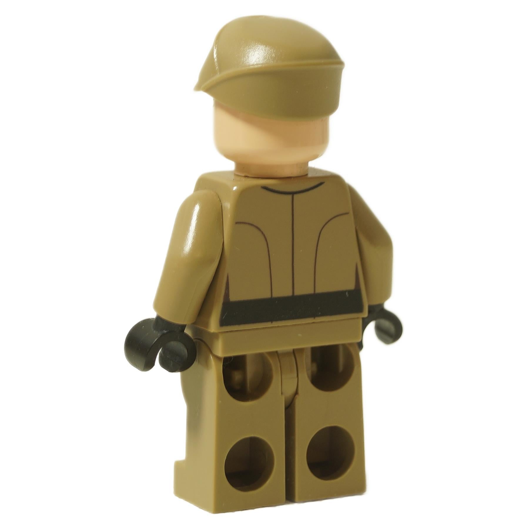 LEGO® Star Wars Imperial Officer minifigure (sw0623) in dark tan uniform, showing back torso printing and officer’s cap, rear view.