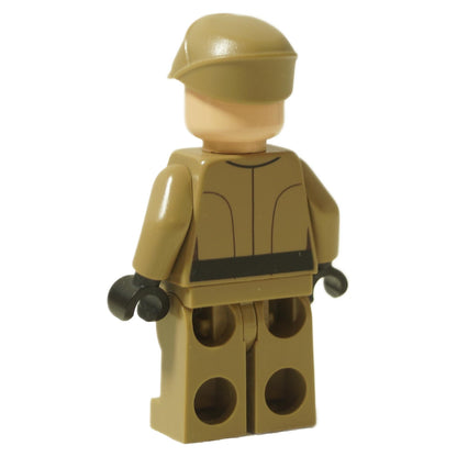 LEGO® Star Wars Imperial Officer minifigure (sw0623) in dark tan uniform, showing back torso printing and officer’s cap, rear view.