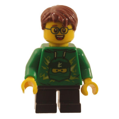 LEGO Boy minifigure in green Ninjago hoodie and glasses, front view.