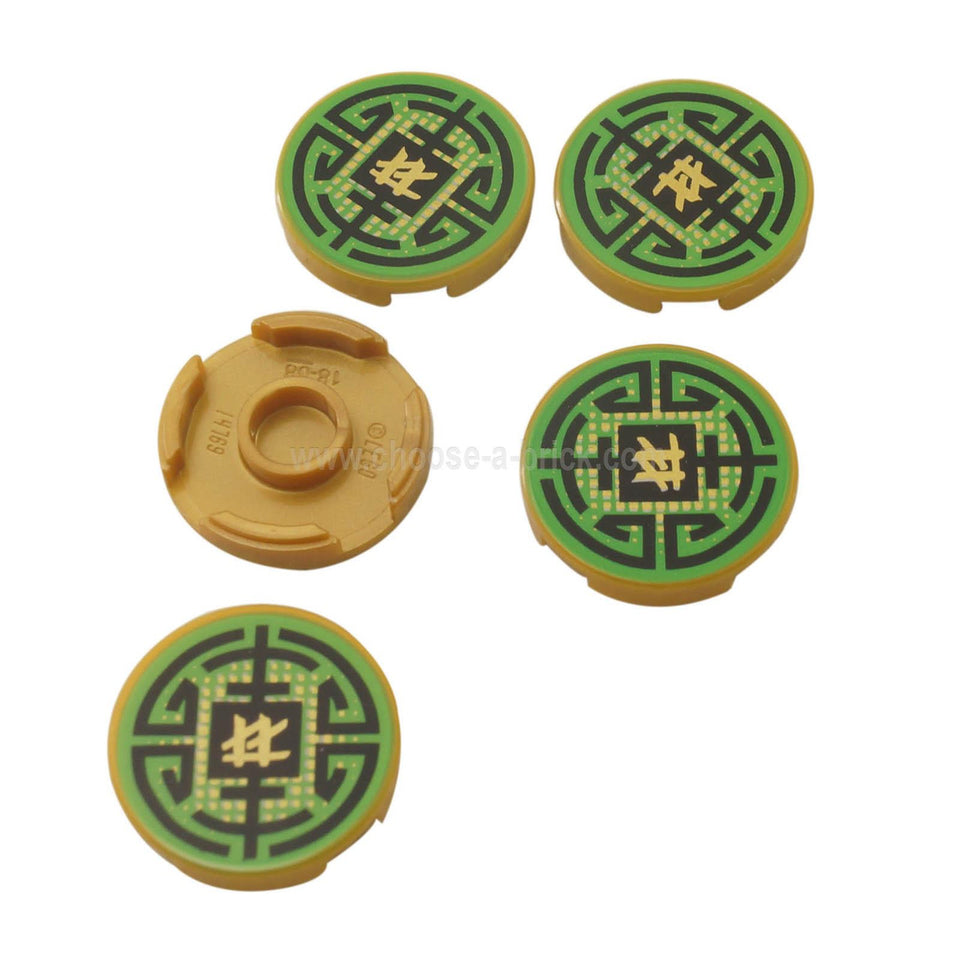 Oro Perla Piastrella, Rotonda 2 x 2 con Supporto Inferiore per Stud con Nero Linee Circolari su Verde Motivo di Sfondo