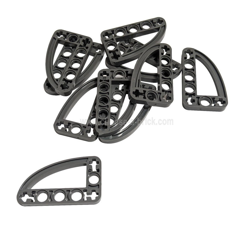 Scattered group of dark bluish-gray LEGO Technic 3x5 L-Shape Liftarms (32250) against white.