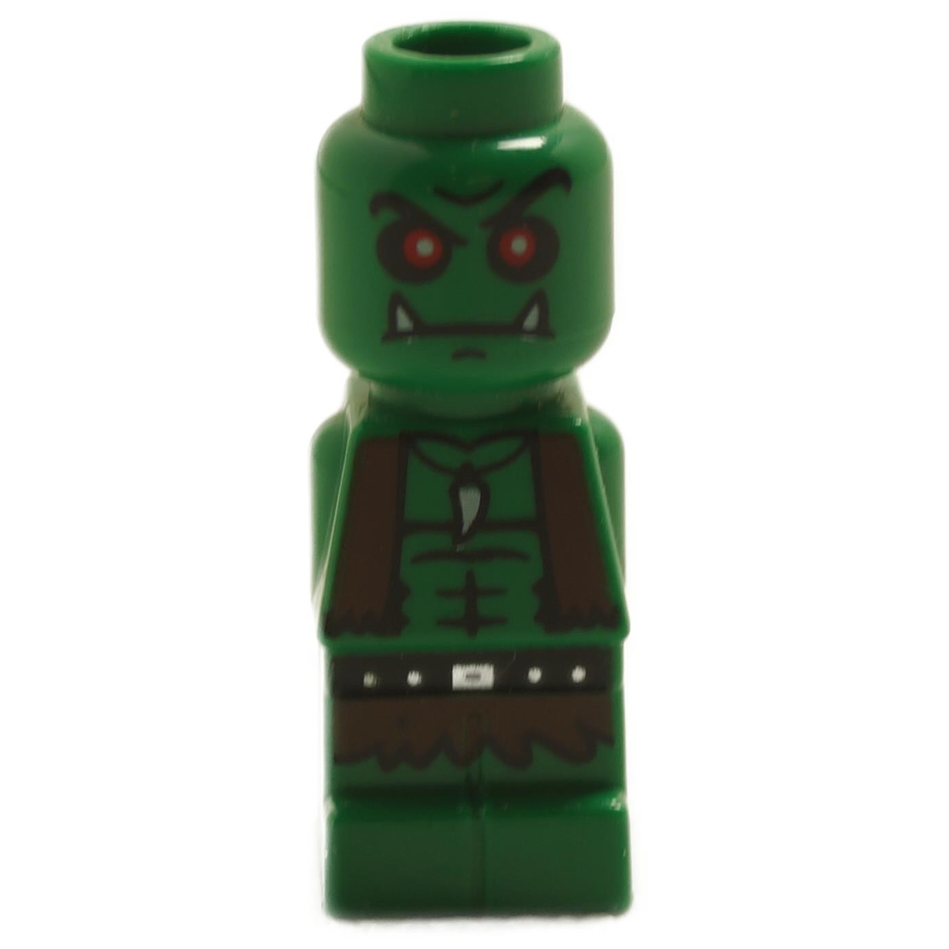 LEGO® Heroica microfigure Goblin Warrior (part 85863pb061) in green with red eyes, fangs, and printed armor details
