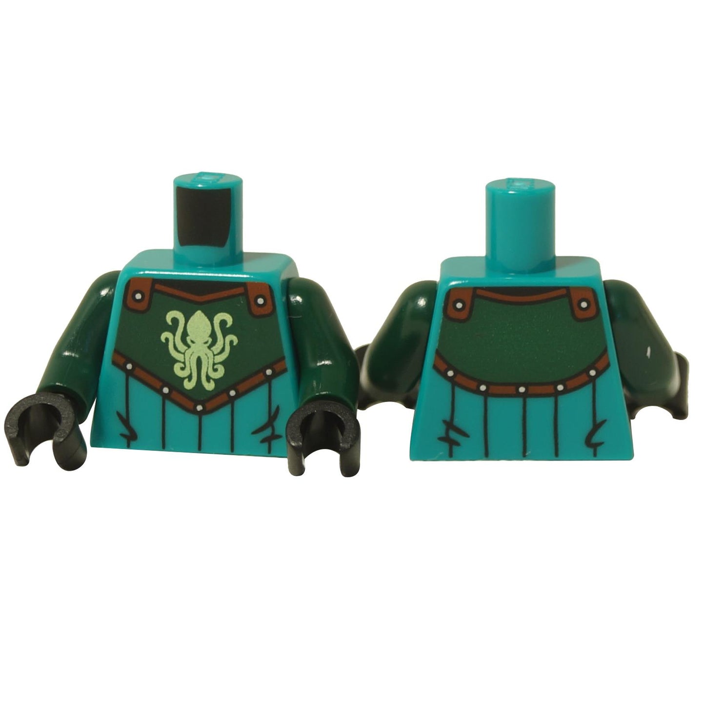 LEGO® torso with teal armor design, dark green surcoat, and light green kraken emblem on the front with stitched detailing on the back.