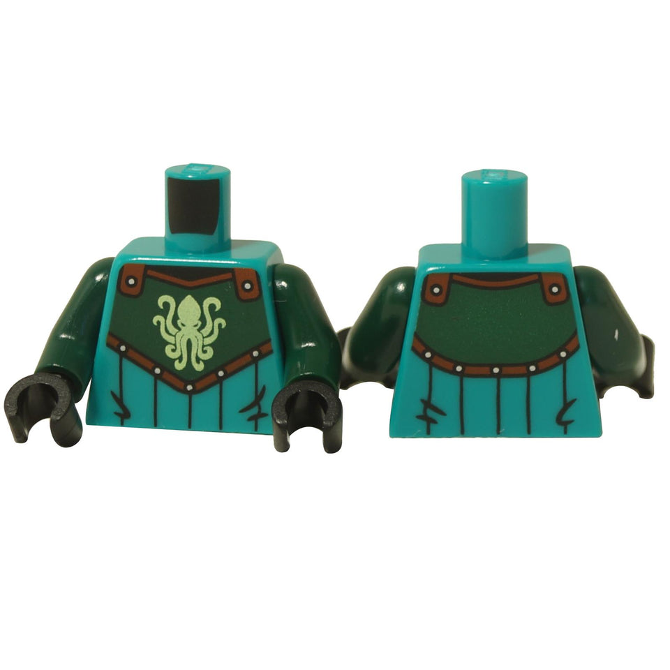 LEGO® torso with teal armor design, dark green surcoat, and light green kraken emblem on the front with stitched detailing on the back.