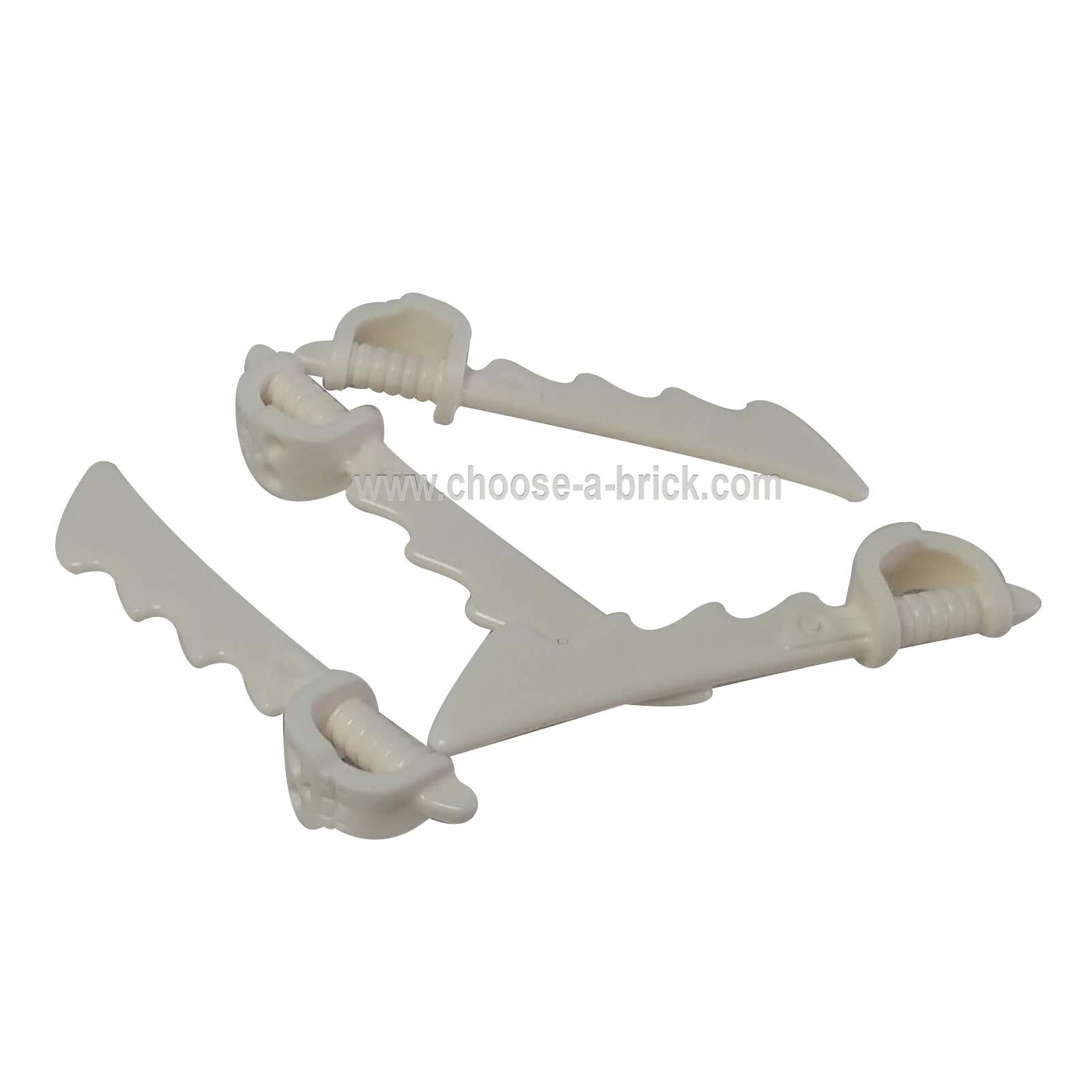 Four white serrated cutlass swords with skull hand guards, 23984.