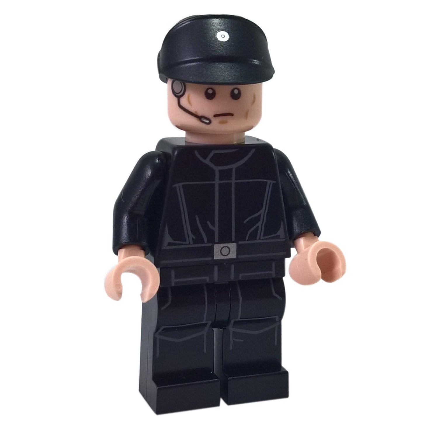 LEGO® Star Wars™ Imperial Shuttle Pilot minifigure (sw0802) front view, featuring black uniform with printed belt and headset detail, and black officer cap. Displayed on a white background.  
