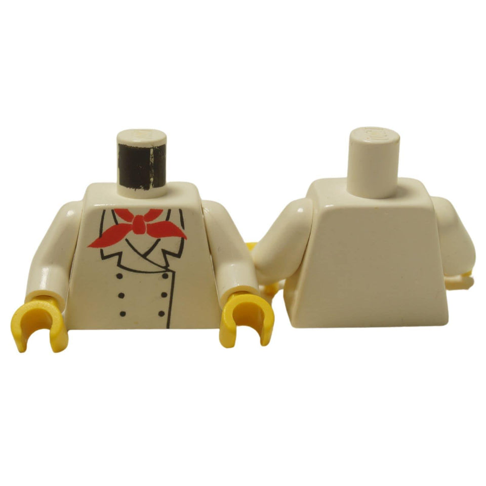LEGO® Classic Chef Torso (973px3c01) with a double-breasted white jacket and red neckerchief, showing the front and plain back.
