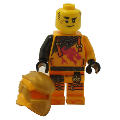 Front view of the LEGO® NINJAGO Arin minifigure (njo0921) without helmet, revealing a smiling face and detailed dragon-themed torso print.