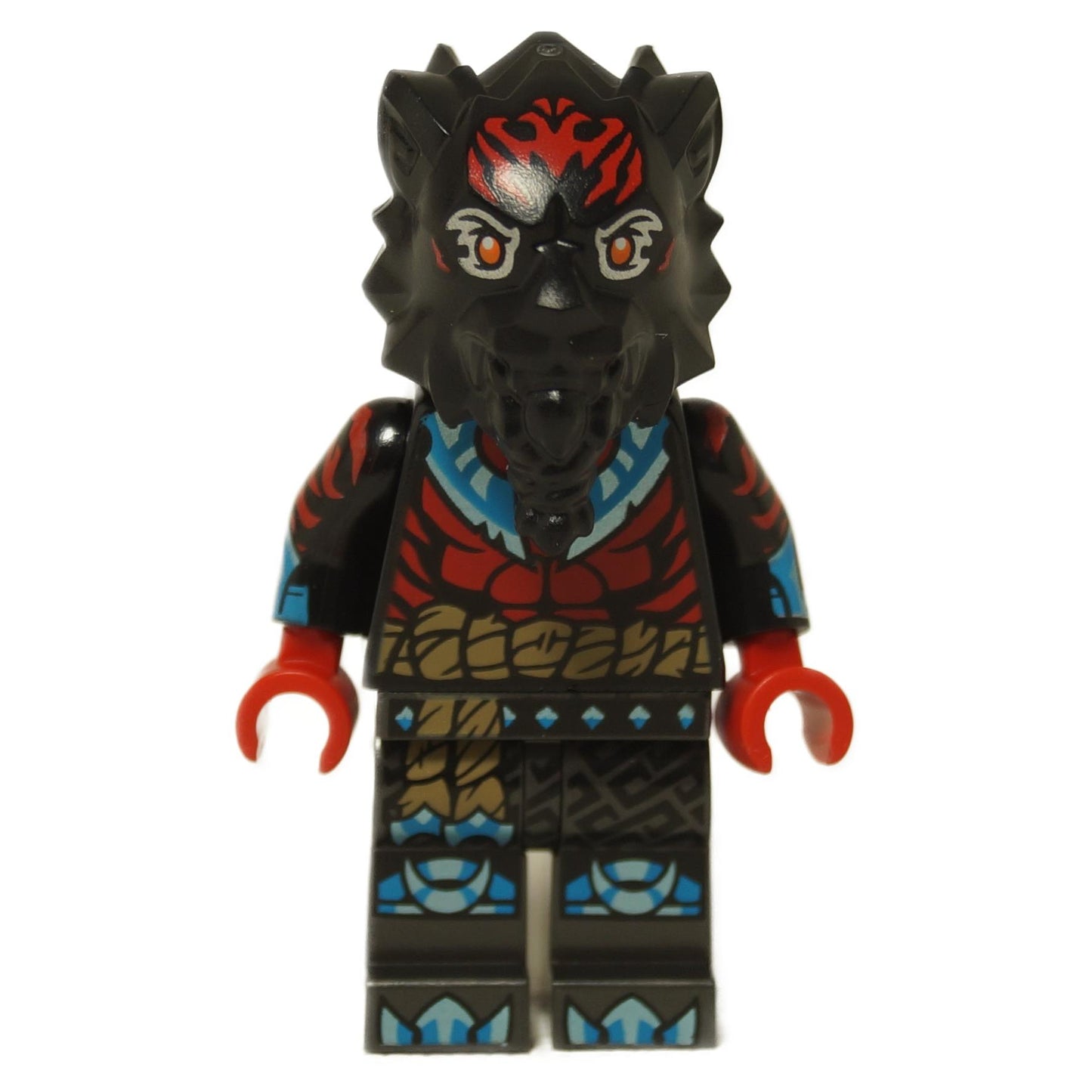 Front view of the LEGO® NINJAGO® Lord Ras minifigure (njo0935) featuring a black helmet with red and blue markings, detailed armor printing, and red hands from the Dragons Rising series.