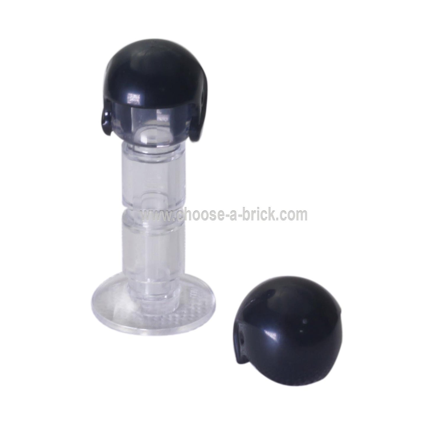 LEGO® Sports & Flight Helmet 93560 in black, shown on transparent display stand with extra helmet piece.
