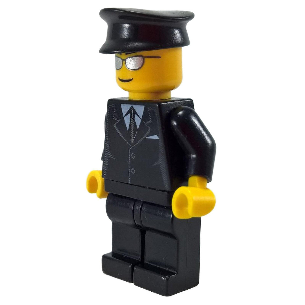 LEGO Airport Limo Driver, black suit, silver sunglasses, side view