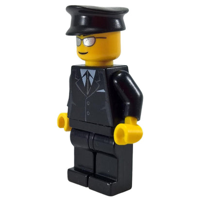 LEGO Airport Limo Driver, black suit, silver sunglasses, side view
