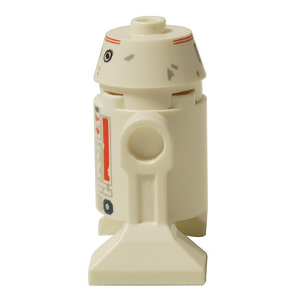 LEGO® Minifigura de droide astromecánico R5-D4 de Star Wars vista lateral mostrando detalles de paneles rojos y cuerpo blanco cilíndrico.