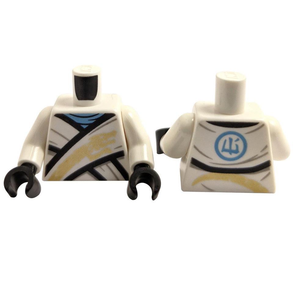 Robe Ninjago de Torso Branco Envolto com Renda de Pescoço Azul Claro Brilhante, Bainhas Pretas, Padrão de Dragão Dourado 