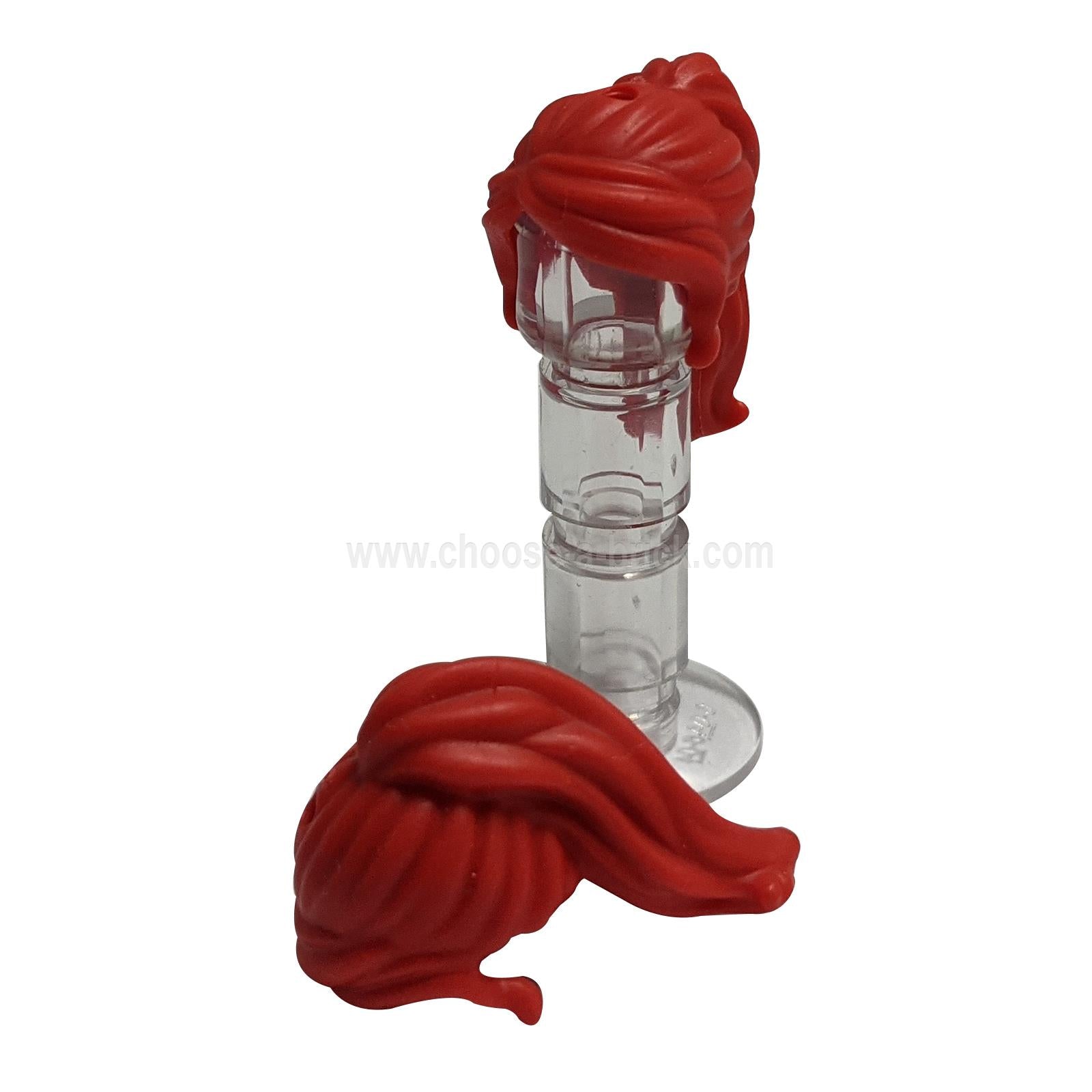 Red LEGO Mini Doll Hair 92257, long ponytail with side bangs.