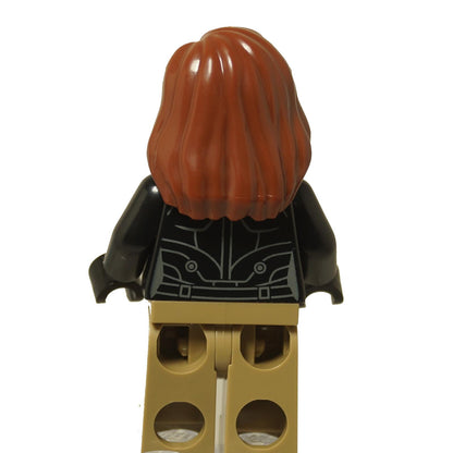 Back view of LEGO® Ruth Bat-Seraph (Sabra) minifigure (sh1002) highlighting black jacket printing and long brown hair from Marvel.