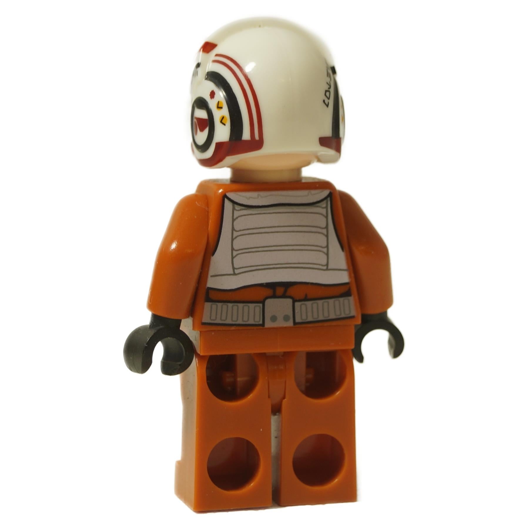 Vista trasera de la minifigura del piloto de X-wing de la Resistencia de LEGO Star Wars (sw0659), que exhibe la placa trasera gris impresa con estrías horizontales y un cinturón de utilidades en el torso naranja, junto con detalles en la parte trasera del casco blanco.