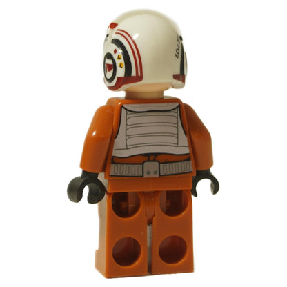 Vista trasera de la minifigura del piloto de X-wing de la Resistencia de LEGO Star Wars (sw0659), que exhibe la placa trasera gris impresa con estrías horizontales y un cinturón de utilidades en el torso naranja, junto con detalles en la parte trasera del casco blanco.