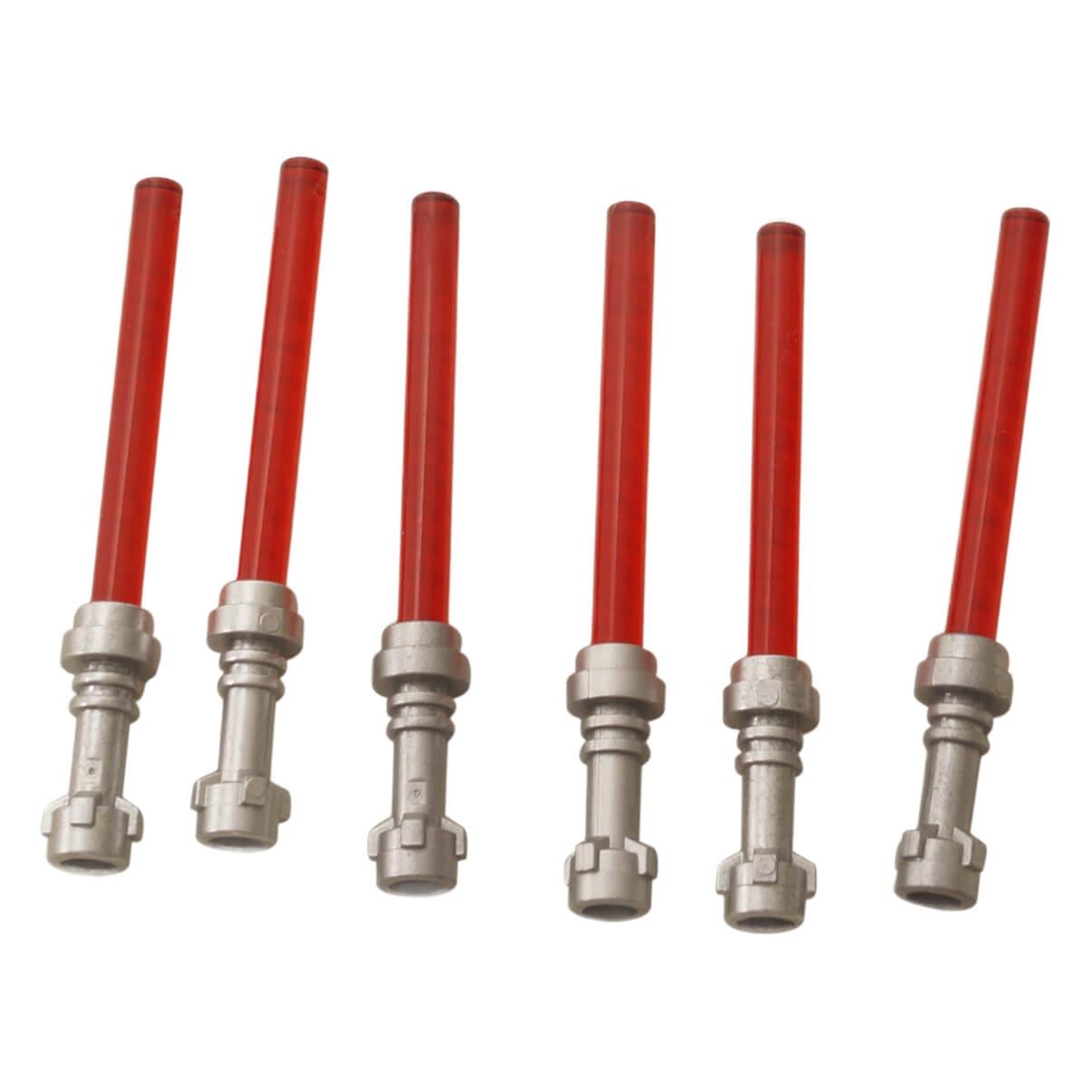 Juego de seis sables de luz para minifiguras con empuñaduras plateadas metálicas y hojas de barra trans-rojas de 4L