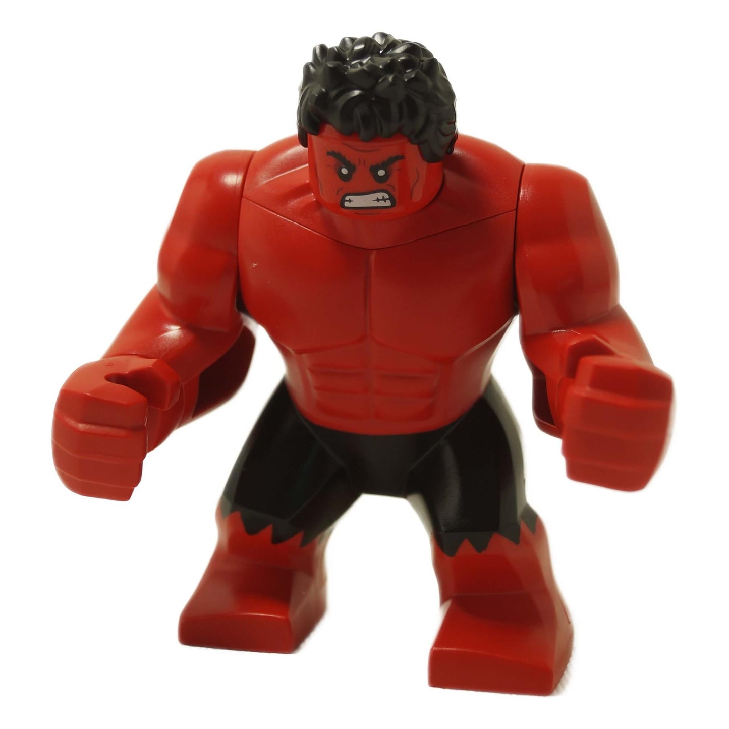 Front view of LEGO Red Hulk Big Fig (sh1001) with black hair, angry expression, and black shorts.