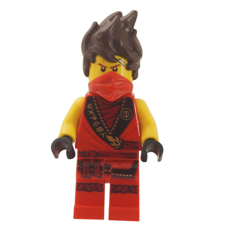 Front view of LEGO Ninjago Kai minifigure (njo0630) in red ninja outfit with dark hair and scarf mask.