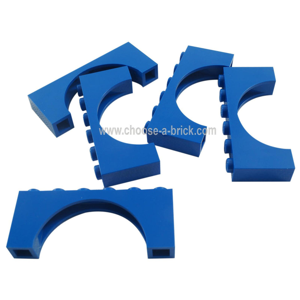Five blue LEGO Arch 1 x 6 x 2 pieces shown from various angles.