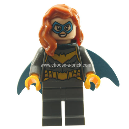 LEGO Batgirl minifigure, front view, dark gray suit, blue mask and cape.