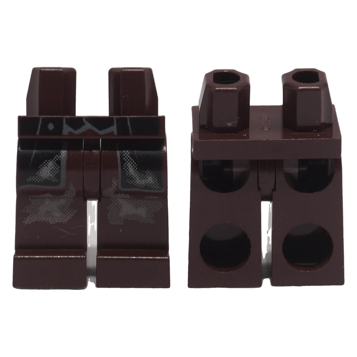 Dark brown LEGO® minifigure hips and legs with black coattails and grey dirt patch printing