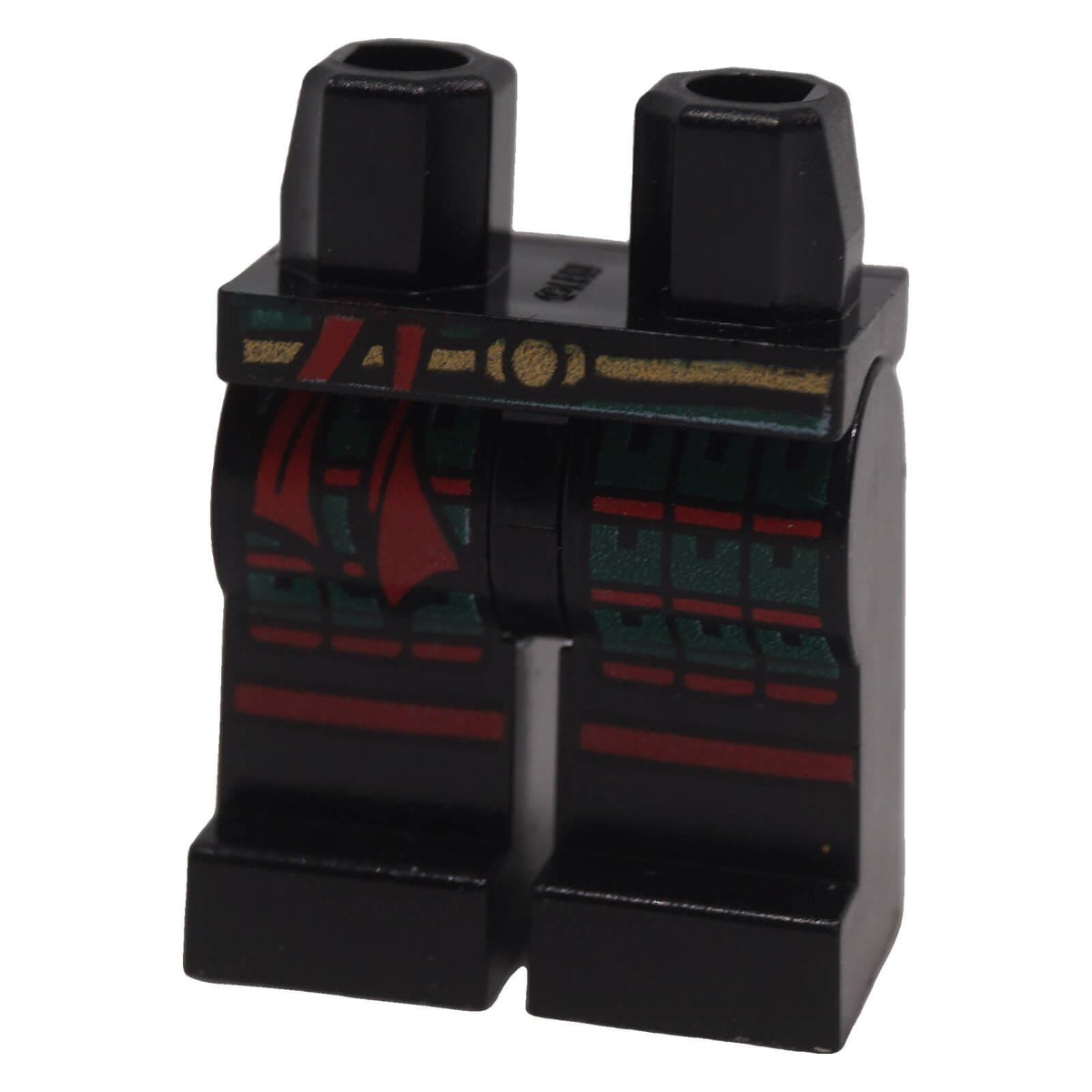 Black LEGO® minifigure hips and legs with dark green samurai armor, red sash and gold belt printing