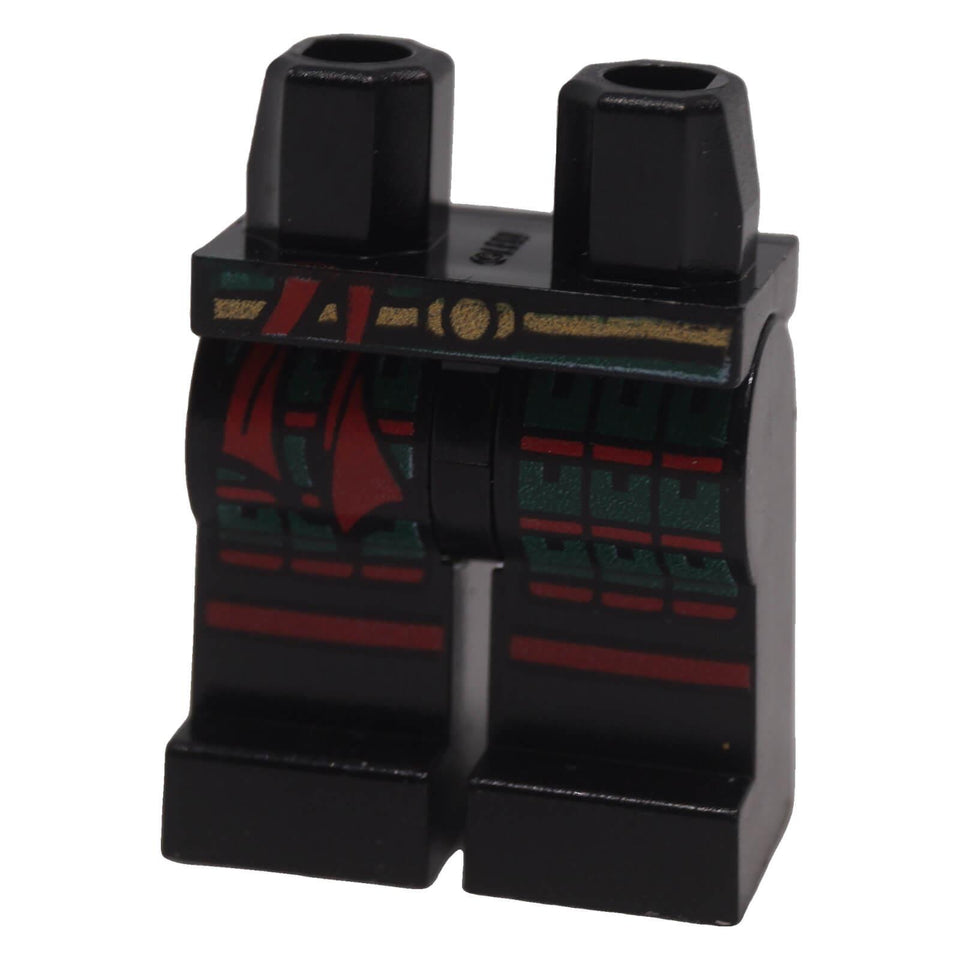Black LEGO® minifigure hips and legs with dark green samurai armor, red sash and gold belt printing