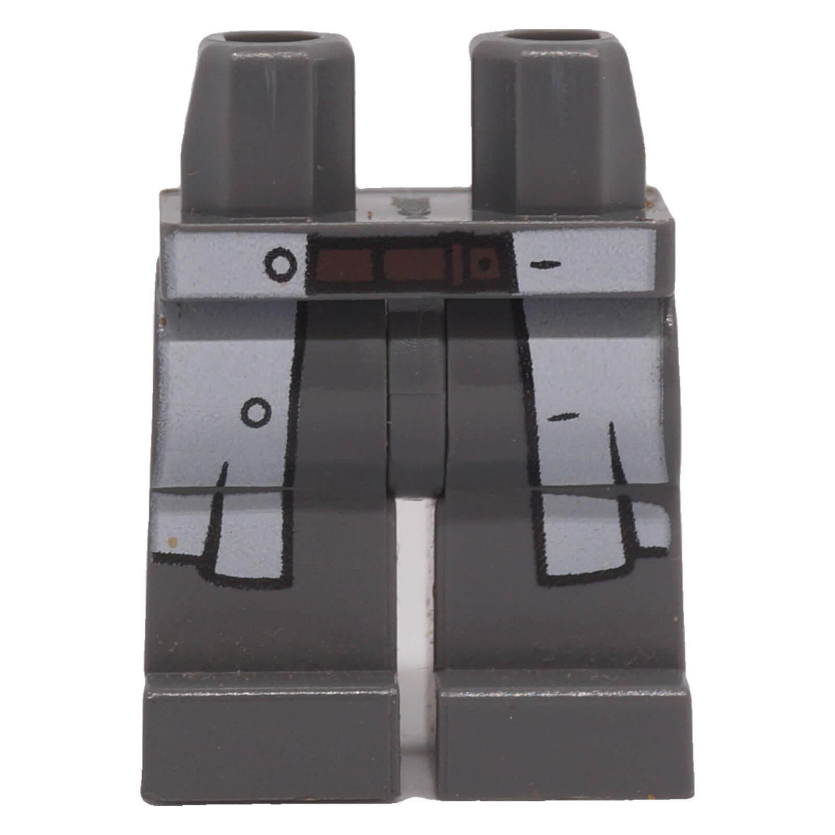 Front view of dark bluish gray LEGO® minifigure hips and legs with white open lab coat and brown belt printing
