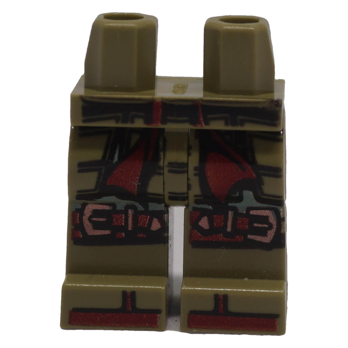 Olive green LEGO® minifigure hips and legs with black armour, dark red sash, knee straps and copper buckle printing