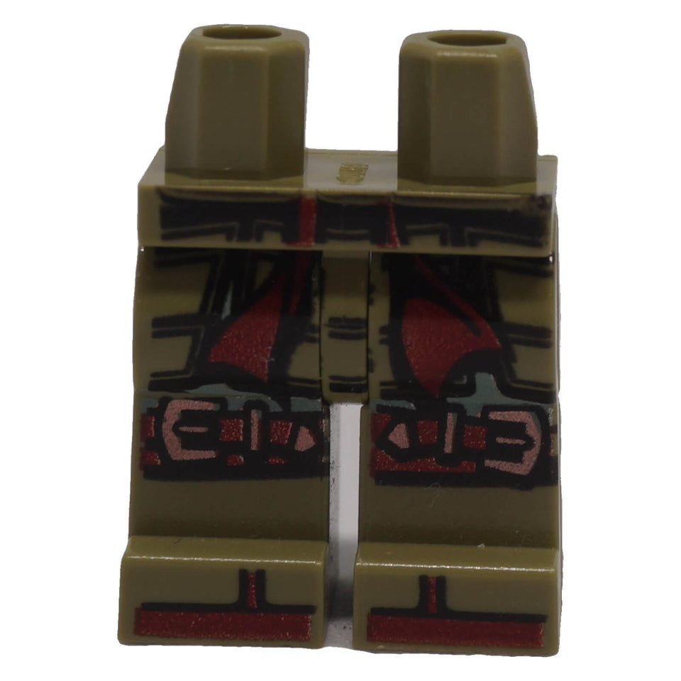 Olive green LEGO® minifigure hips and legs with black armour, dark red sash, knee straps and copper buckle printing