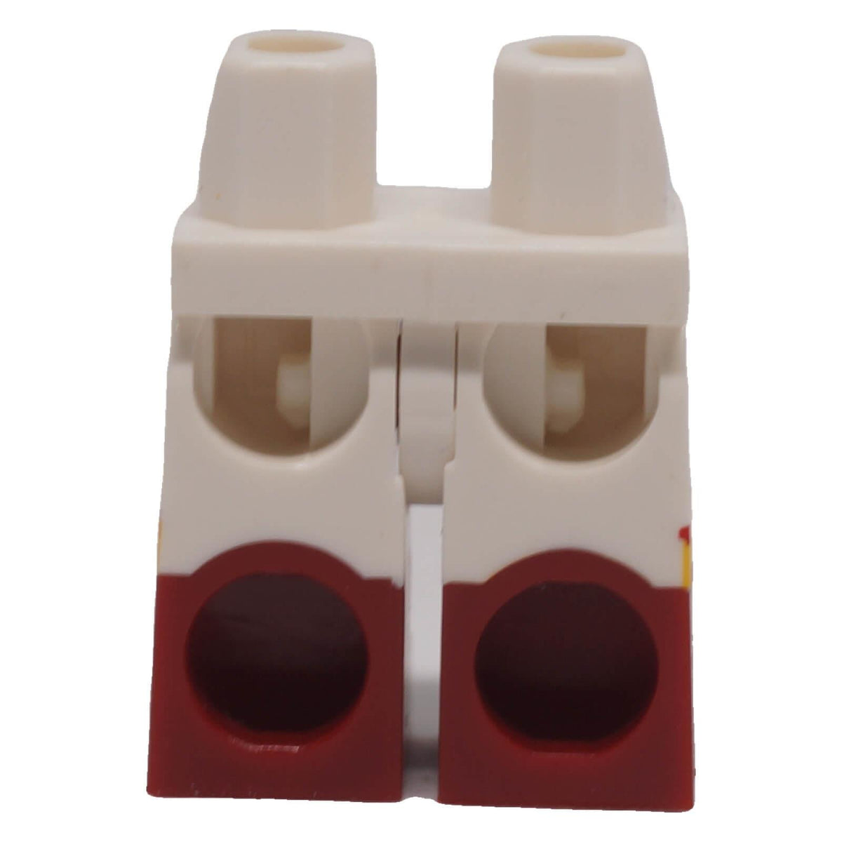 Rear view of white LEGO® minifigure legs with molded dark red boot sections