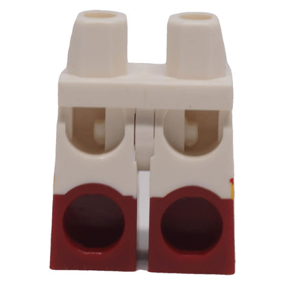 Rear view of white LEGO® minifigure legs with molded dark red boot sections
