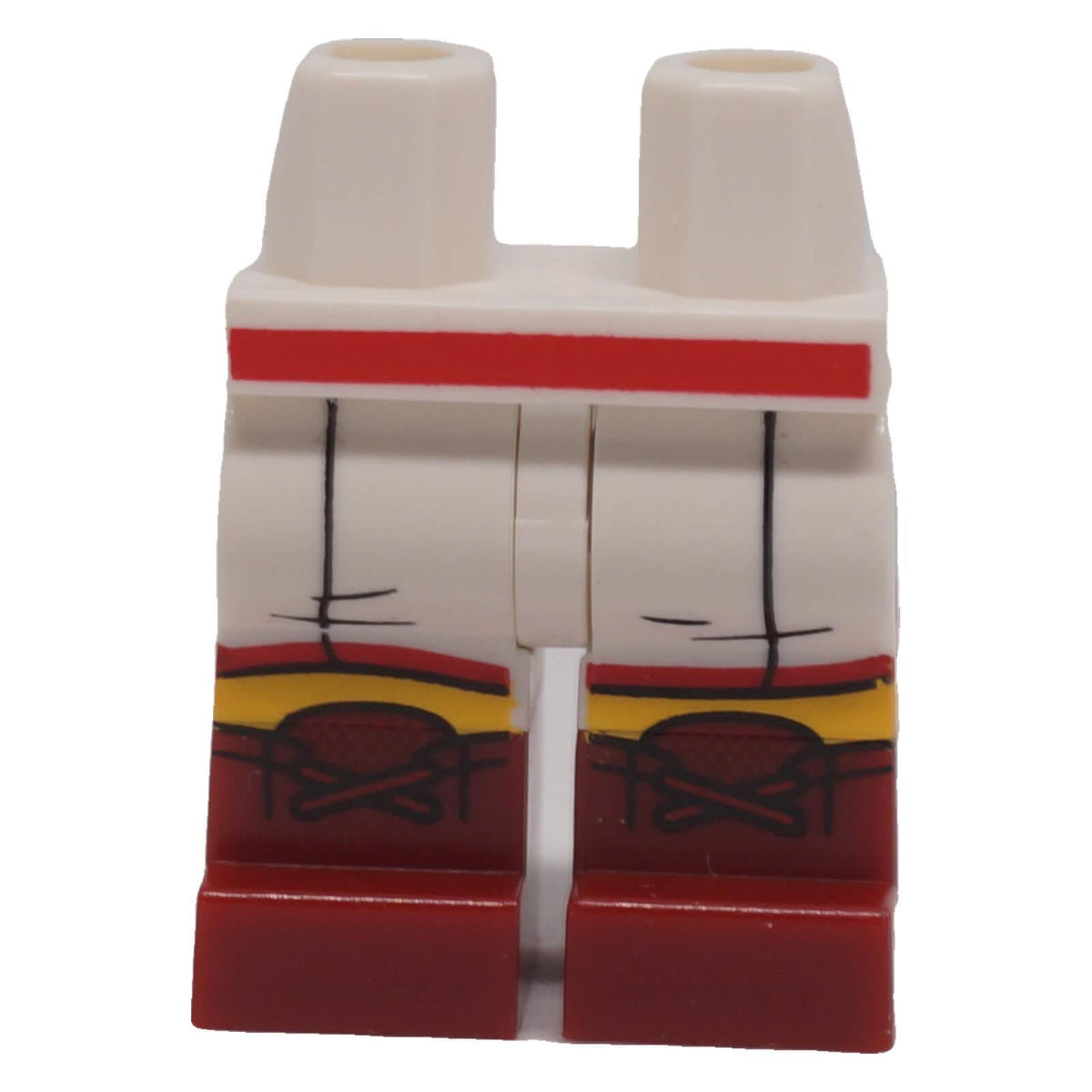 White LEGO® minifigure legs with dark red molded boots, black laces, yellow knees and boxing shorts printing