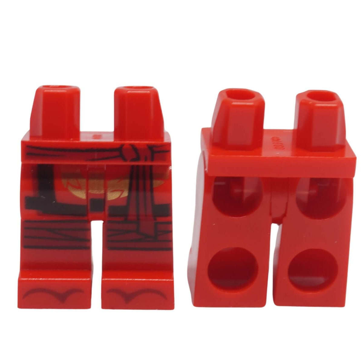 Red LEGO® minifigure hips and legs with gold dragon, dark red sash, knee wrapping and zori sandal print