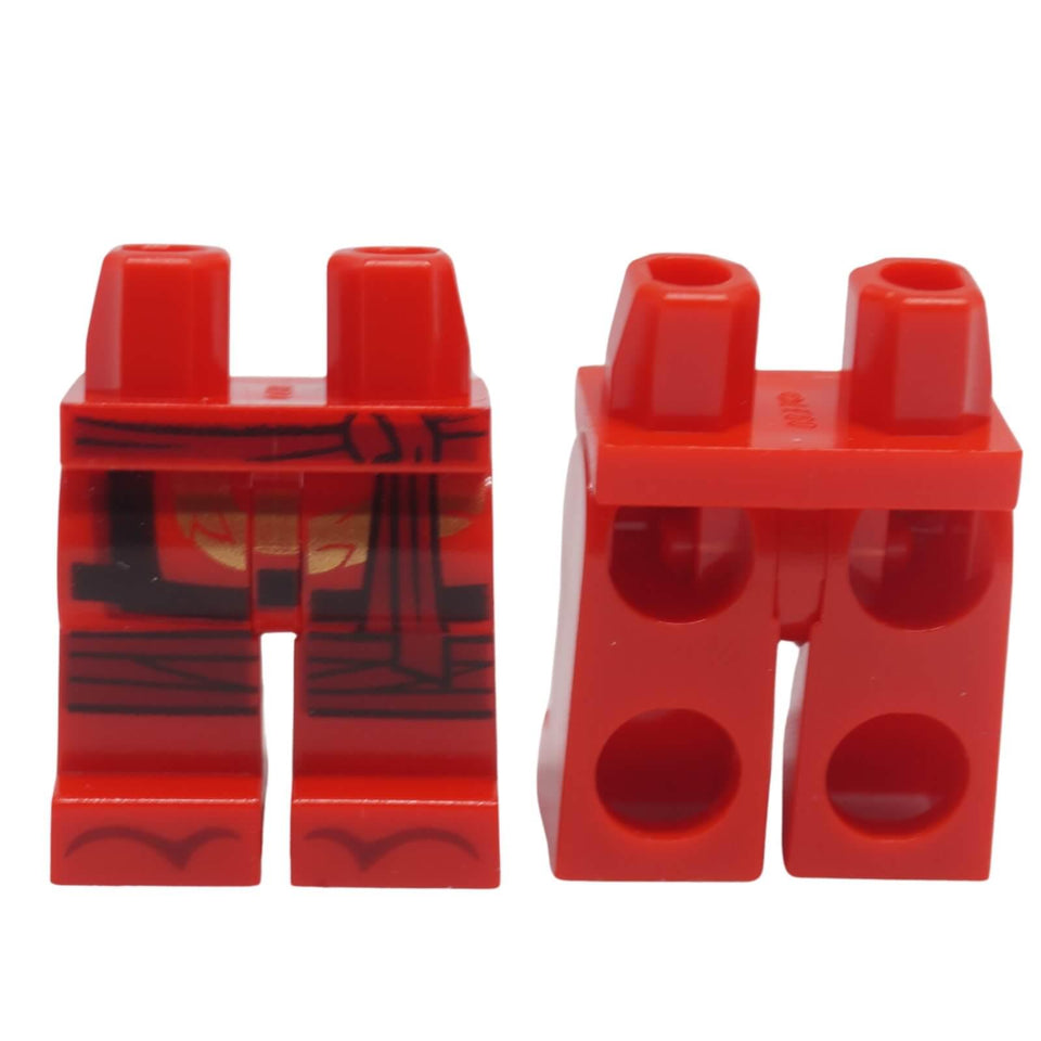 Red LEGO® minifigure hips and legs with gold dragon, dark red sash, knee wrapping and zori sandal print