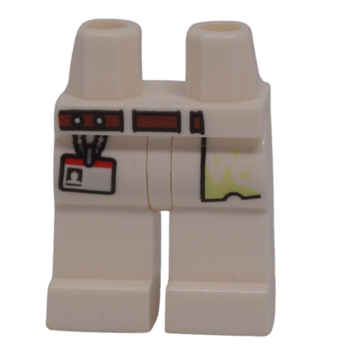 White LEGO® minifigure legs with dark brown belt, pocket and ID badge print