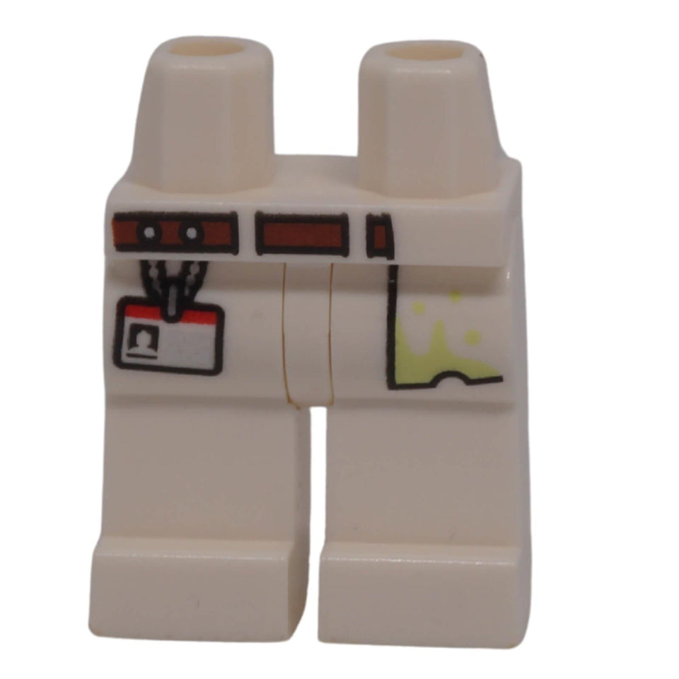 White LEGO® minifigure legs with dark brown belt, pocket and ID badge print