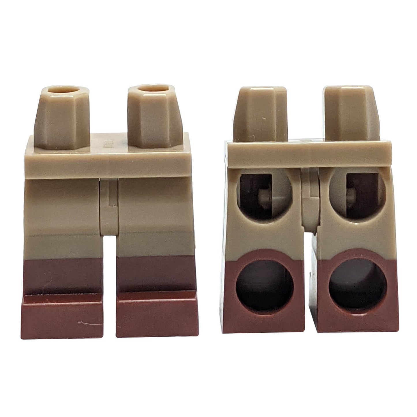 Dual molded minifigure legs with reddish brown boot-style lower legs and dark tan upper legs