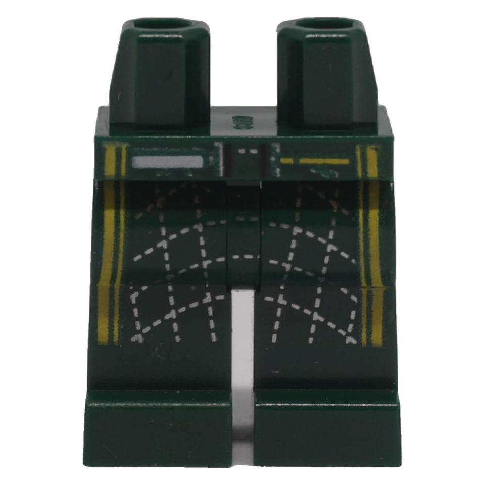 Dark green LEGO® minifigure legs with silver stitching and yellow racing stripes