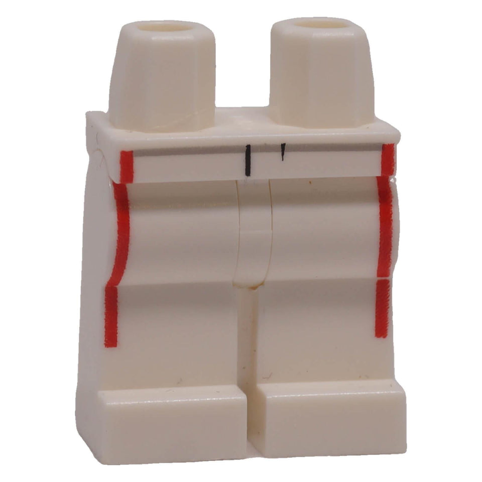 White LEGO® minifigure racing suit hips and legs with red stripes, front view