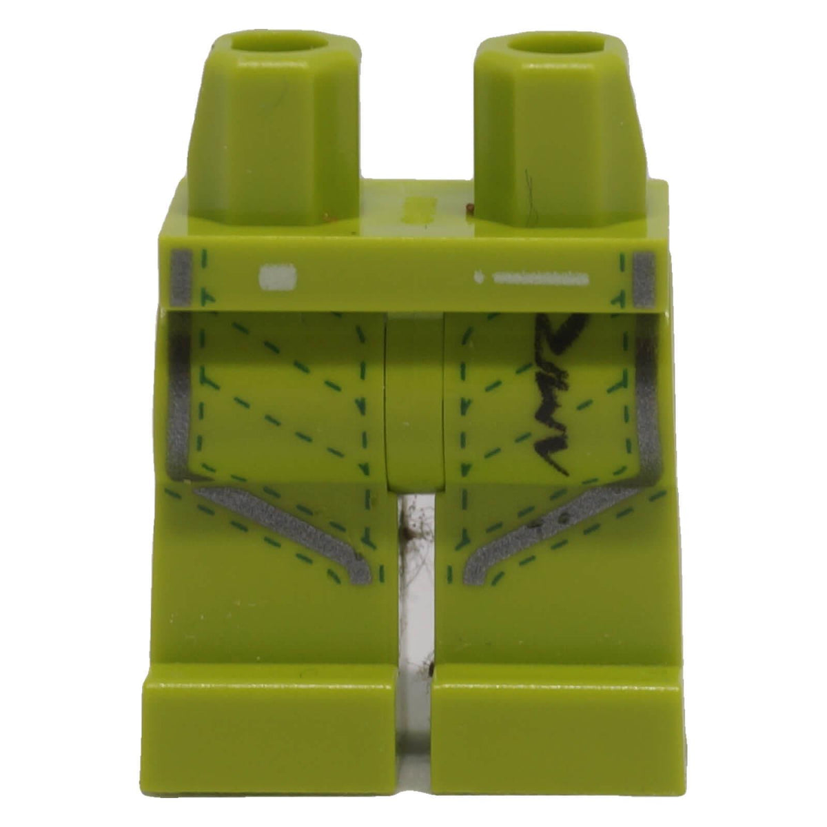Lime LEGO® minifigure racing suit hips and legs with silver stripes and dark green stitching, front view